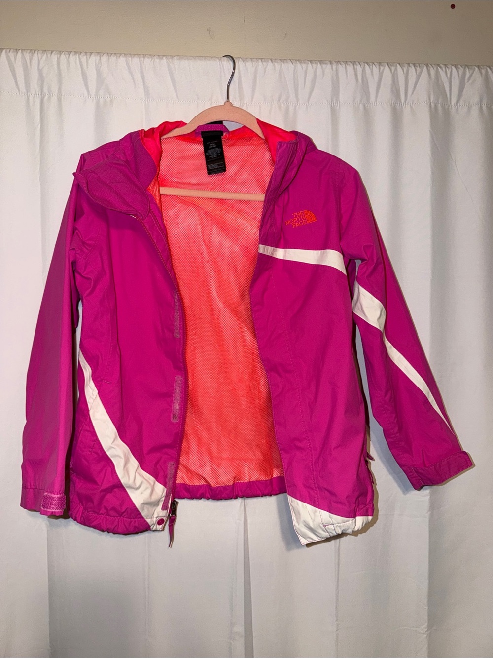 The North Face Girls' Hot Pink Hooded Rain Jacket with White Accents